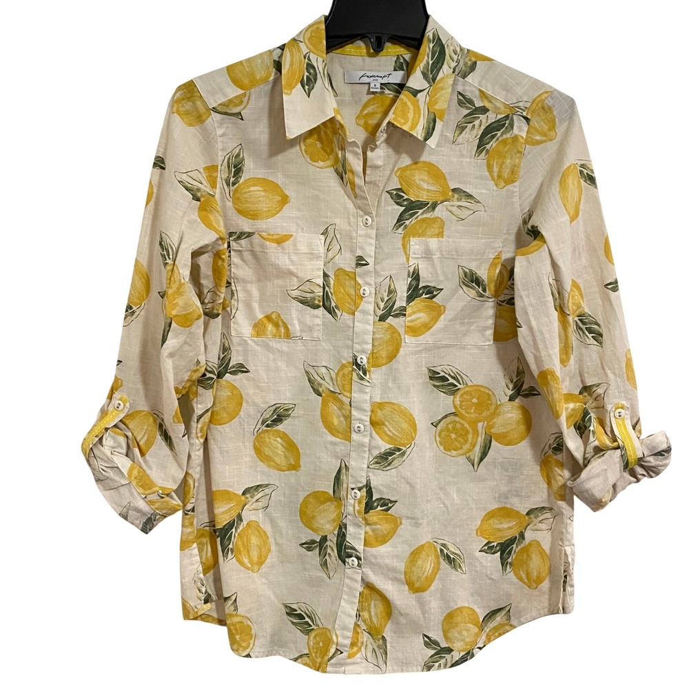Foxcroft Lemon Print Button Down Shirt Womens 8 White Yellow Excellent Linen - Picture 2 of 6